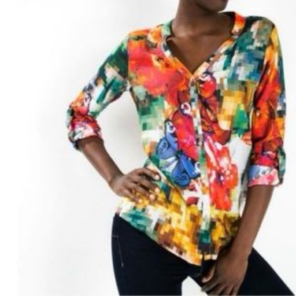 Desigual Camila Pixelated-Butterfly Button Up Blouse (T3) - Picture 1 of 6